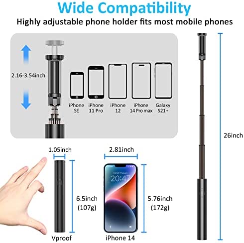 Vproof Monopod Selfie Stick Bluetooth, Lightweight Aluminum All in One Extendable Selfie Sticks Compact Design, Compatible with iPhone 14 Pro Max/14 Pro/14/14 Plus/13 Pro Max/13 Pro/13, Galaxy S22 - Image 3