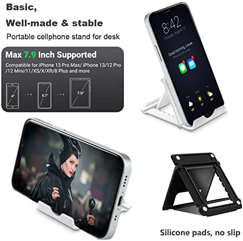 Kemoxan 2 Pack Portable Cell Phone Stand Holder for Desk, Foldable Pocket-Sized Mount, Universal Adjustable Desktop Mobile Phone Kickstand Compatible with iPhone IPads Kindle Android Black & White - Image 2