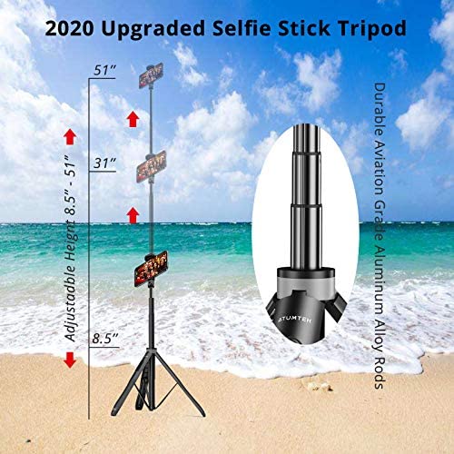 ATUMTEK 51" Selfie Stick Tripod, All in One Extendable Phone Tripod Stand with Bluetooth Remote 360° Rotation for iPhone and Android Phone Selfies, Video Recording, Vlogging, Live Streaming, Black - Image 2